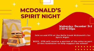 McDonalds Meal on a red and yello background. Text with Spirit Night Information.
