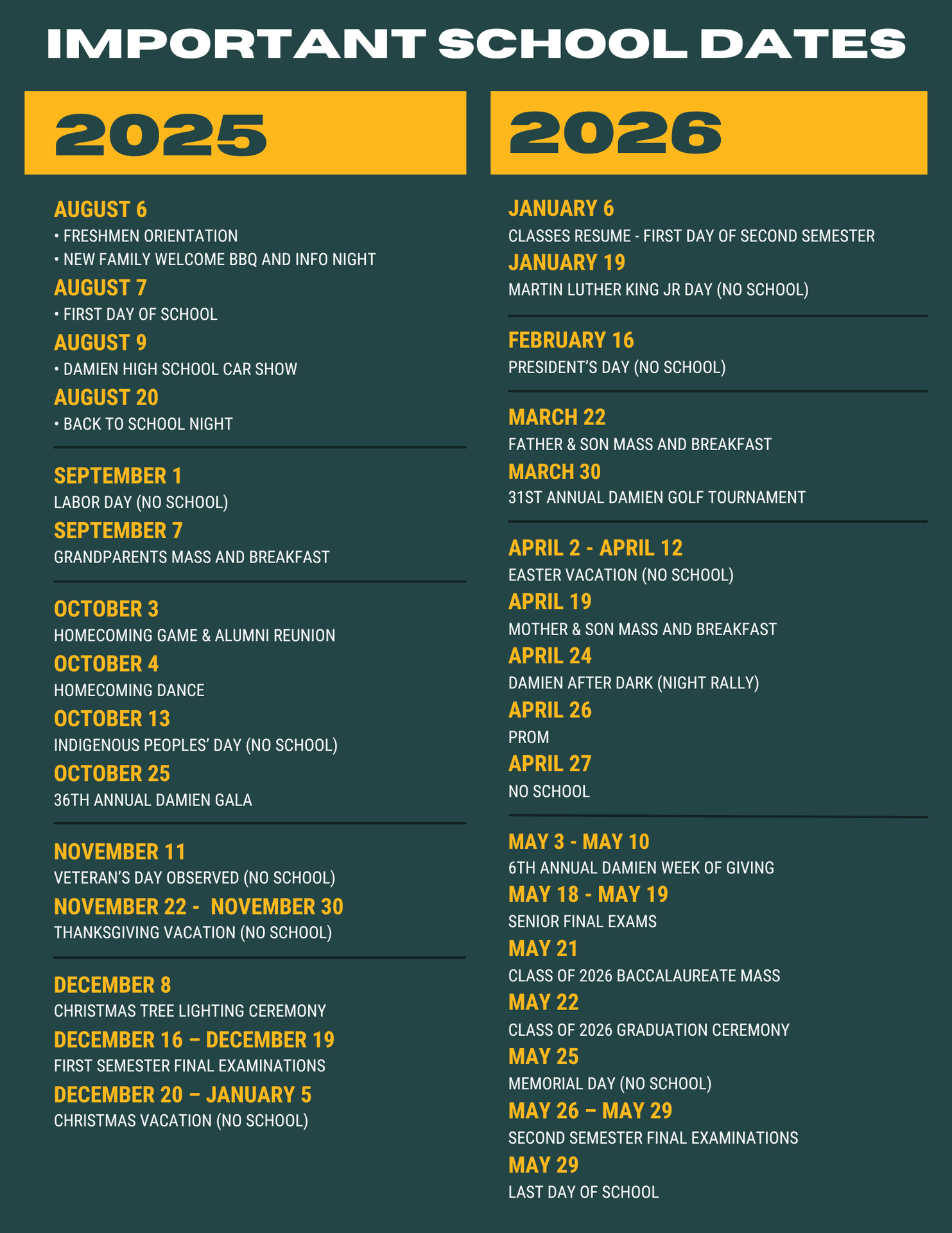 2025-2026 Overview Calendar with important listed dates