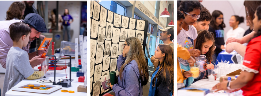 families looking at science experiments, student portraits, and slime making