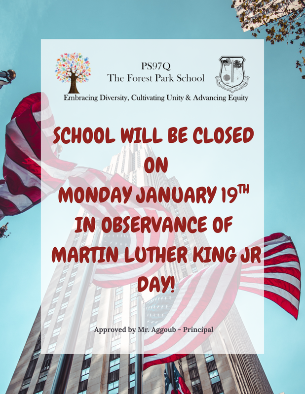 Banner announcing school closure for Martin Luther King Jr. Day with American flags.