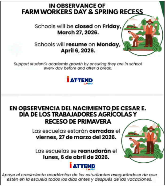 Schools are closed starting on Friday March 27th and will resume on Monday April 6th. Support student's academic growth by ensuring they are in school every day before and after a break.