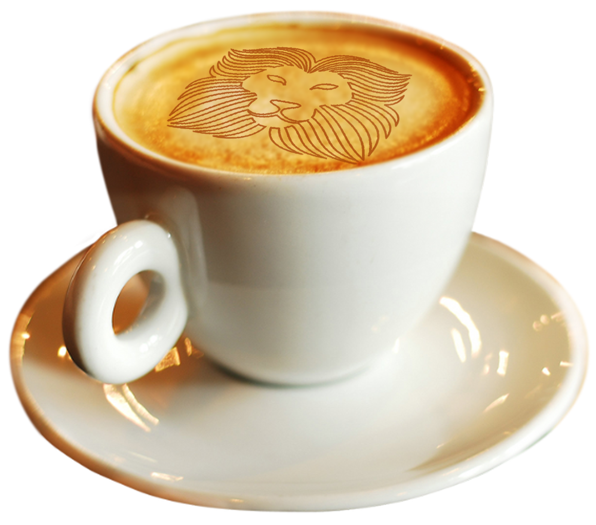 Cappuccino cup with lion logo in froth