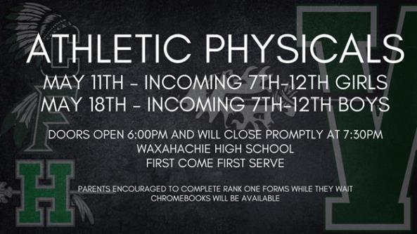 graphic explains WISD physicals for girls will be on May 11 and boys on May 18 at WHS at 6 pm