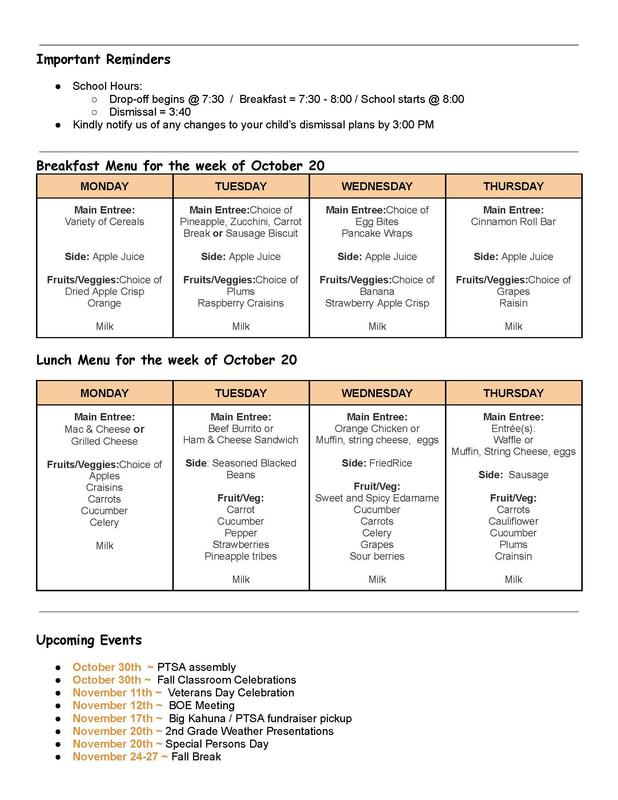 Weekly menu with reminders for school hours, meals, and upcoming events.