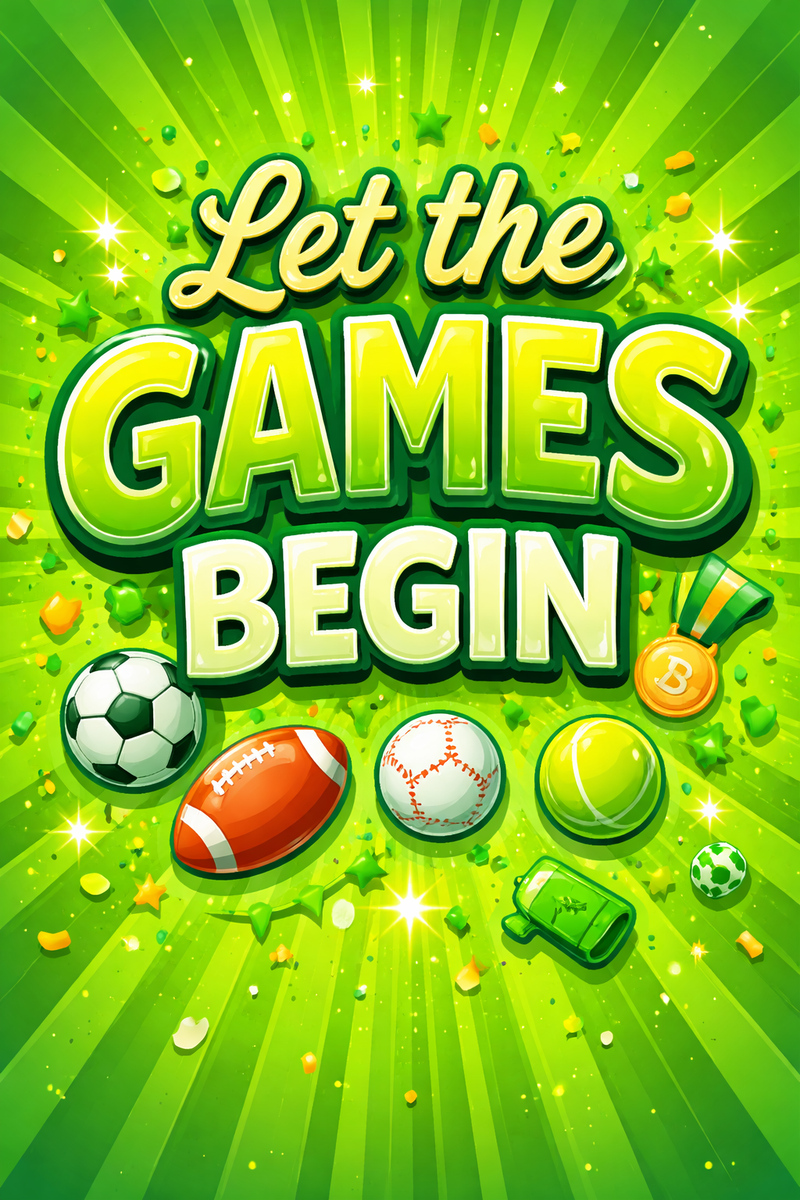 Let the Games Begin text with various sports balls.