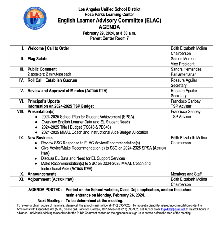 ELAC Meeting | Rosa Parks Learning Center
