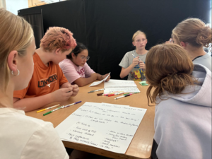 Pal Jr. students are circled around a table brainstorming