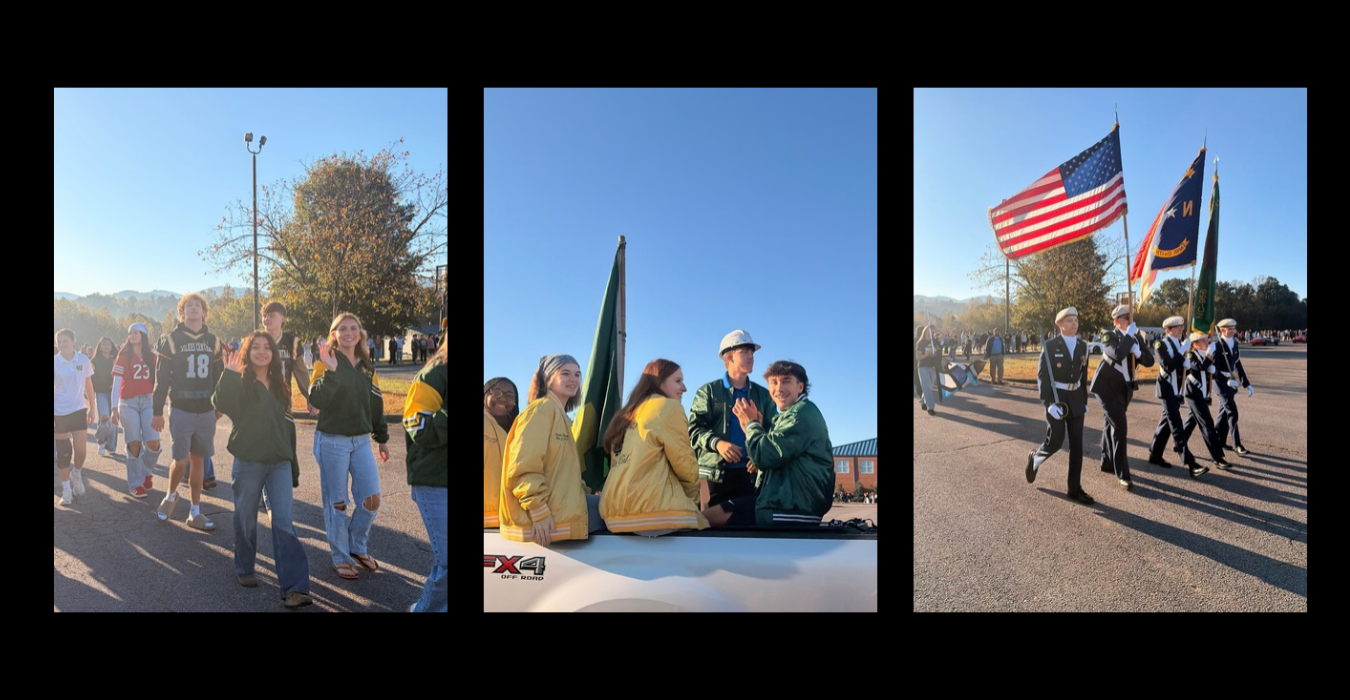 Students walking in a parade with flags and cheerful attire.