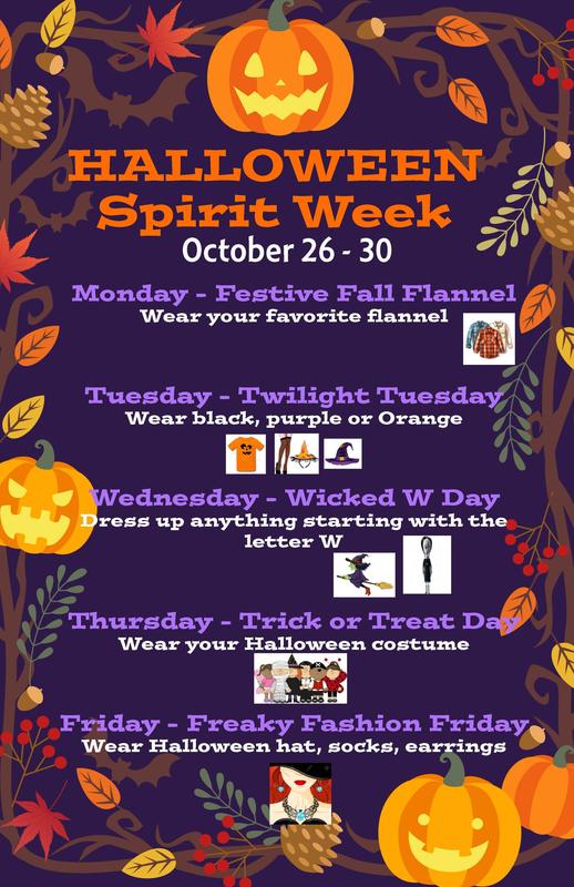 Flier for Halloween Spirit Week from Monday to Friday