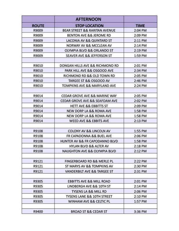 Afternoon Bus Schedule for IS2