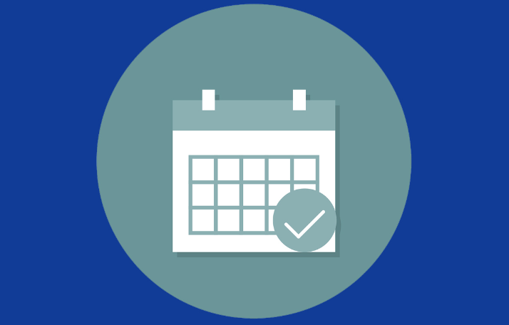 calendar embedded in a turquoise graphic circle with a royal blue background