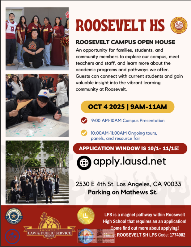 Flyer with information about Law & Public Service Magnet Open House on October 4