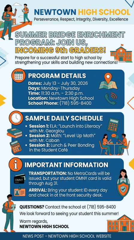 A portrait-oriented digital flyer for Newtown High School's Summer Bridge Enrichment Program for incoming 9th graders. The flyer contains program details, a sample daily schedule, important transportation and arrival information, and school contact details, set against a light blue background with school-themed illustrations.