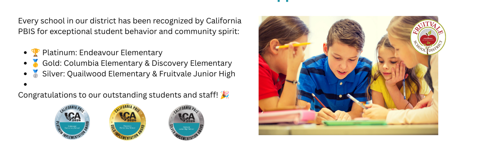 PBIS awarded to all Fruitvale Schools