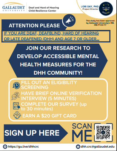Yellow flyer with details on how join the studies including firefly DGGCRC logo and megaphone, clock, videochat, survey, and paid icons