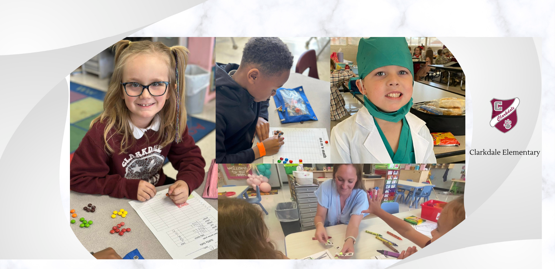 Students with smiles, classroom activities, and a logo representing Clarkdale Elementary.