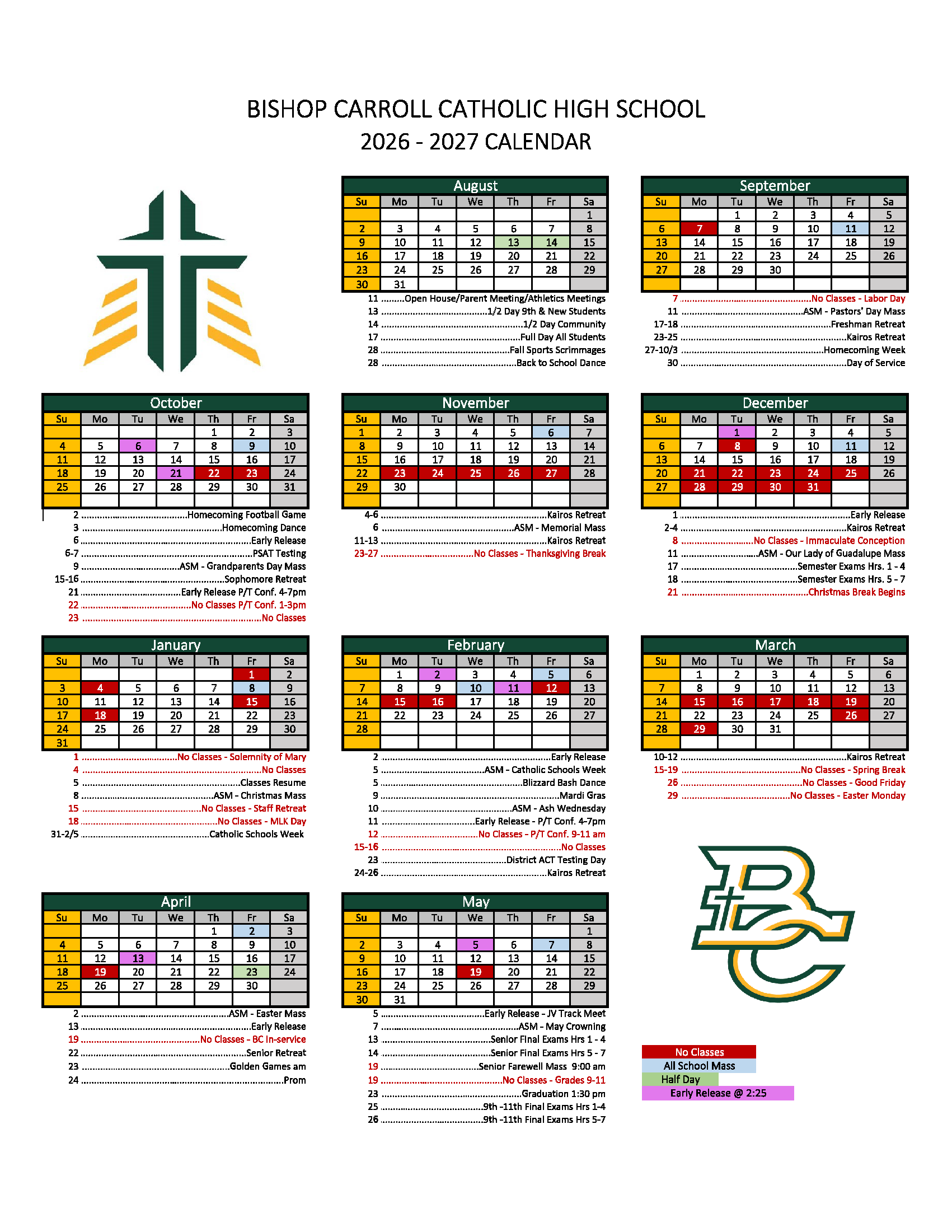 Academic Calendar – Parents – Bishop Carroll Catholic High School