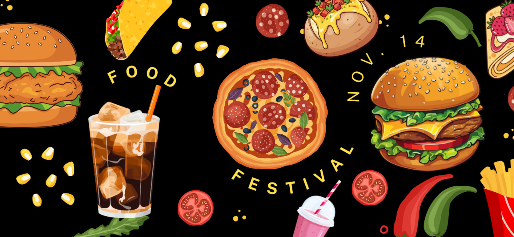 Colorful food festival graphic featuring pizza, burgers, tacos, and drinks.