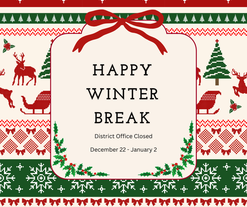 Christmas sweater looking graphic with District Office closed info