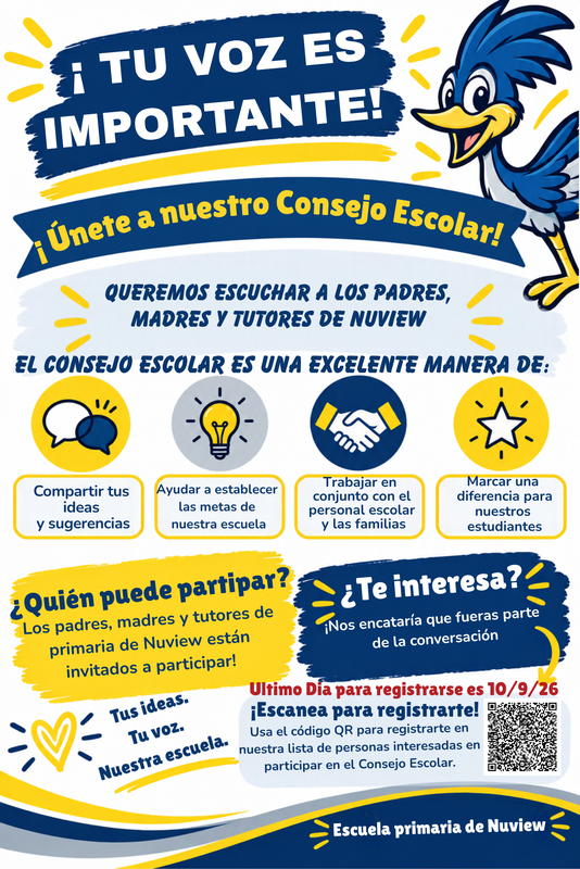 Invitación al Consejo Escolar para que padres y tutores compartan ideas y participen en la escuela