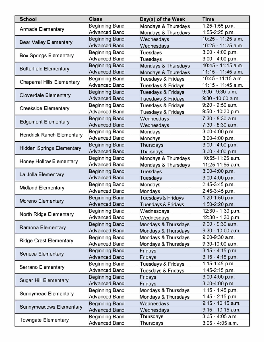 Elementary Band Schedule
