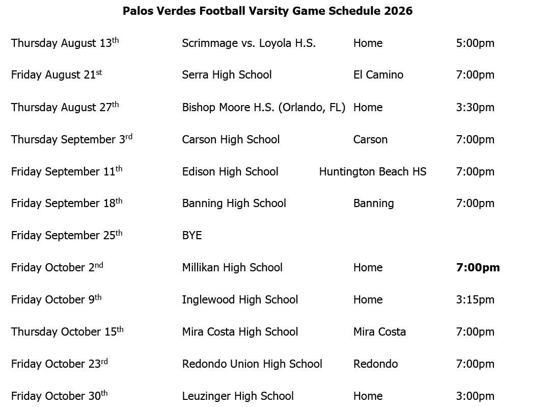 PV Sea King Football Varsity Game Schedule 2026