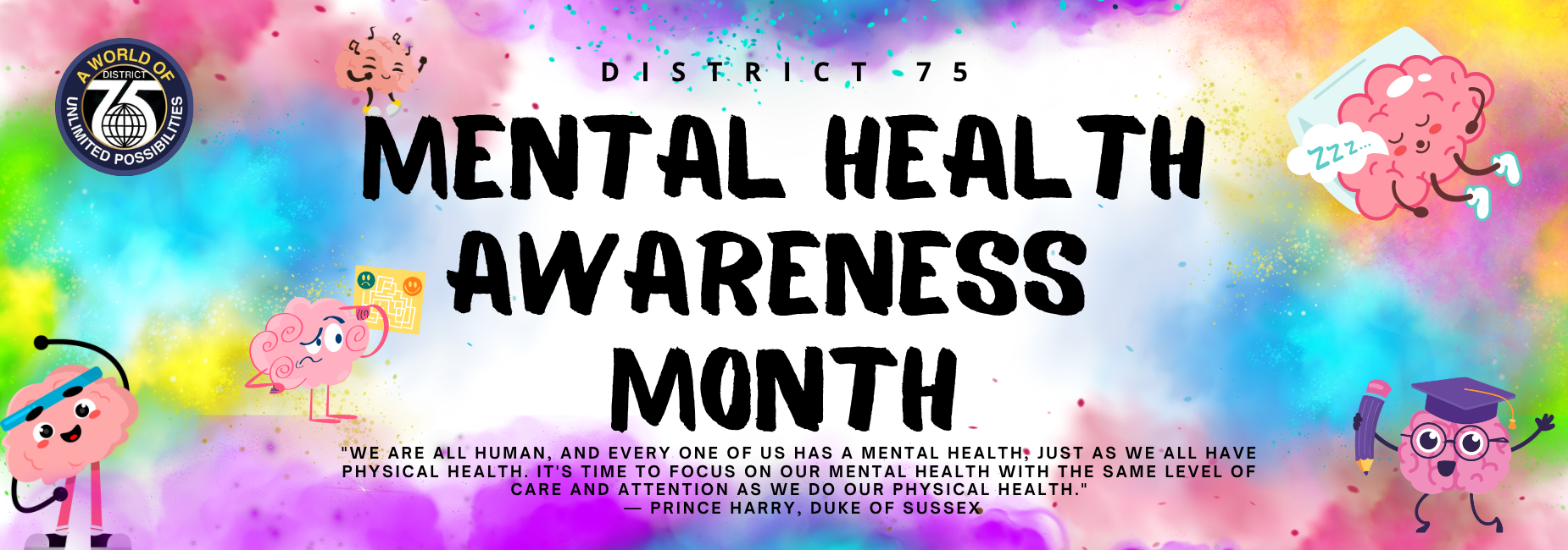 Colorful banner for Mental Health Awareness Month with cartoon brains and a quote.