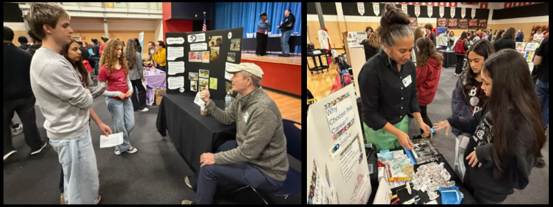 Students talk with Mr. Holcombe; Dr. McNary shows endodontic tools to two students
