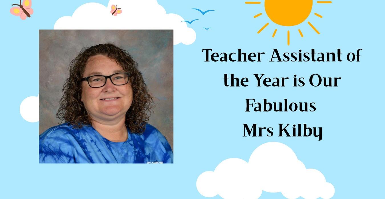 A cheerful announcement for Teacher Assistant of the Year featuring a smiling woman.