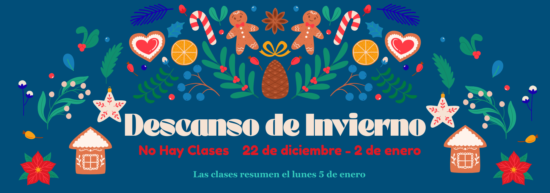 Winter break announcement with winter and Christmas decorations