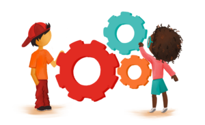 Two children interacting with colorful gears, one wearing a red cap and the other with curly hair.