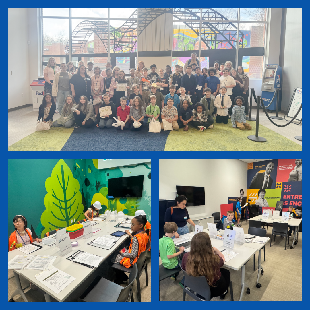 Students participate in BizTown activities and group learning experiences during a field trip.
