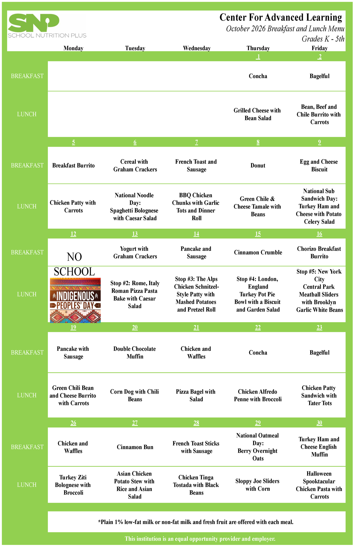 October 2026 Menu