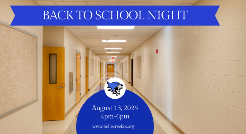 Long hallway with doors, text about Back to School Night event details.