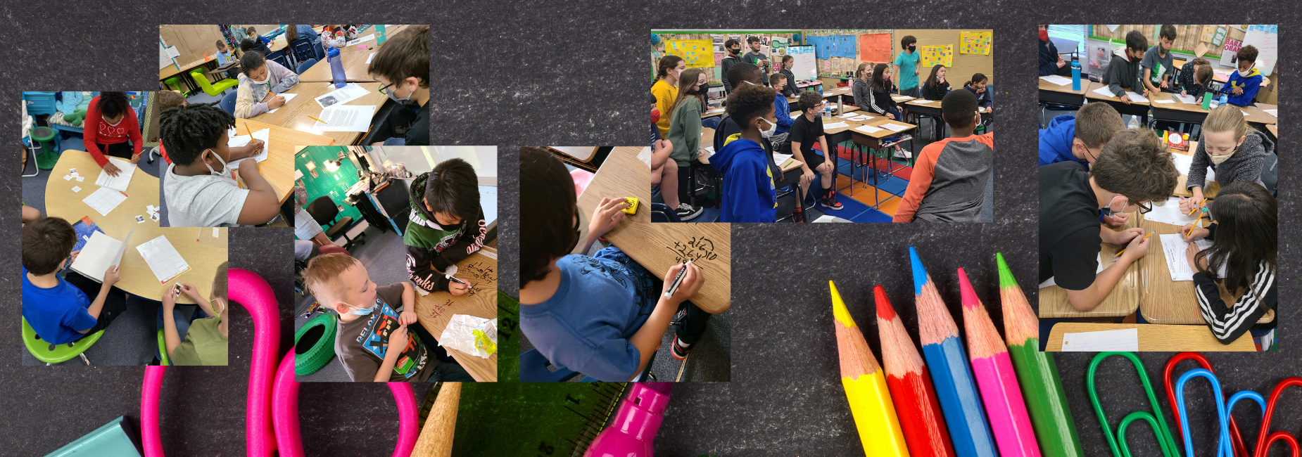 collage of elementary students busy working in class