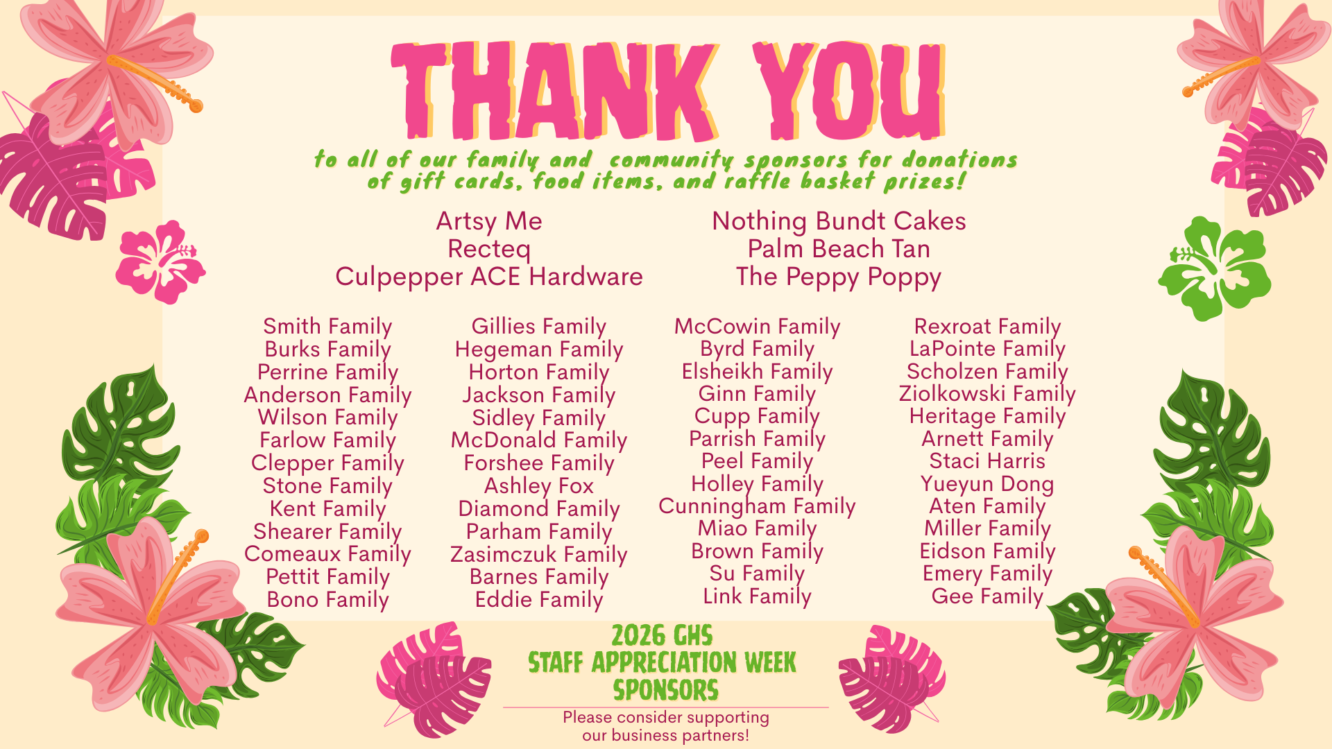 Thank you note with floral decoration and list of sponsors for Staff Appreciation Week.