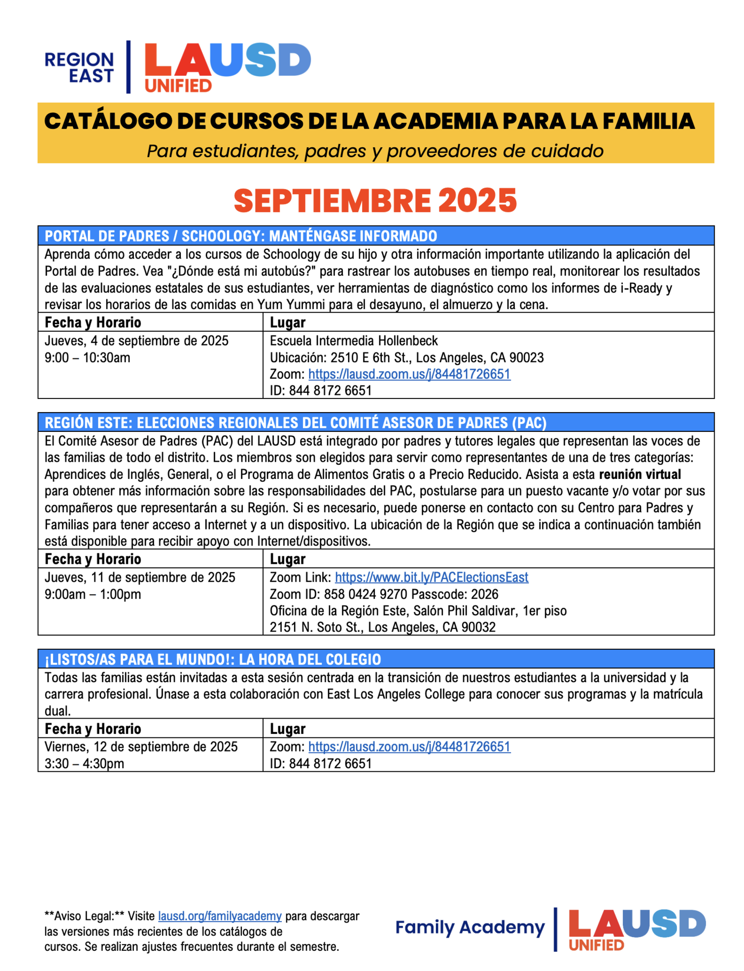 catalogo de cursos de la academia para la famiia