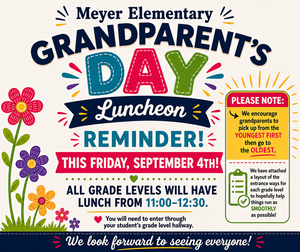 Colorful announcement for Grandparent's Day luncheon with flowers and event details.