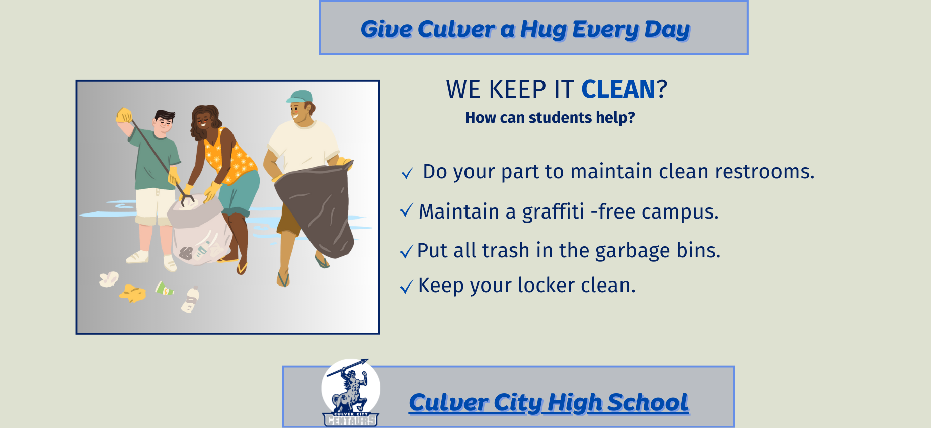 Three students enthusiastically cleaning up trash and promoting campus cleanliness.