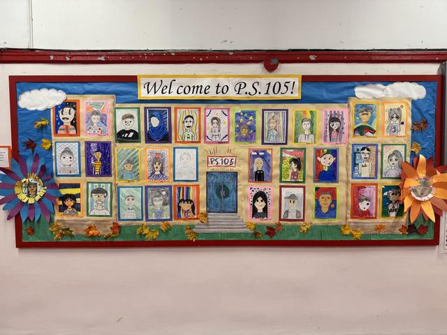Display of student portraits with decorative elements welcoming visitors to P.S. 105.