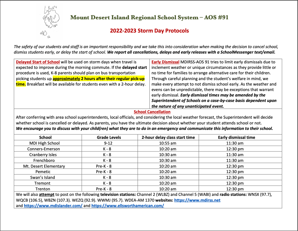 MDIRSS Storm Day Protocols