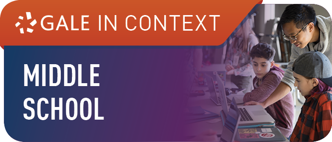 Logo of Gale in Context for middle school with students focused on laptops and collaboration.