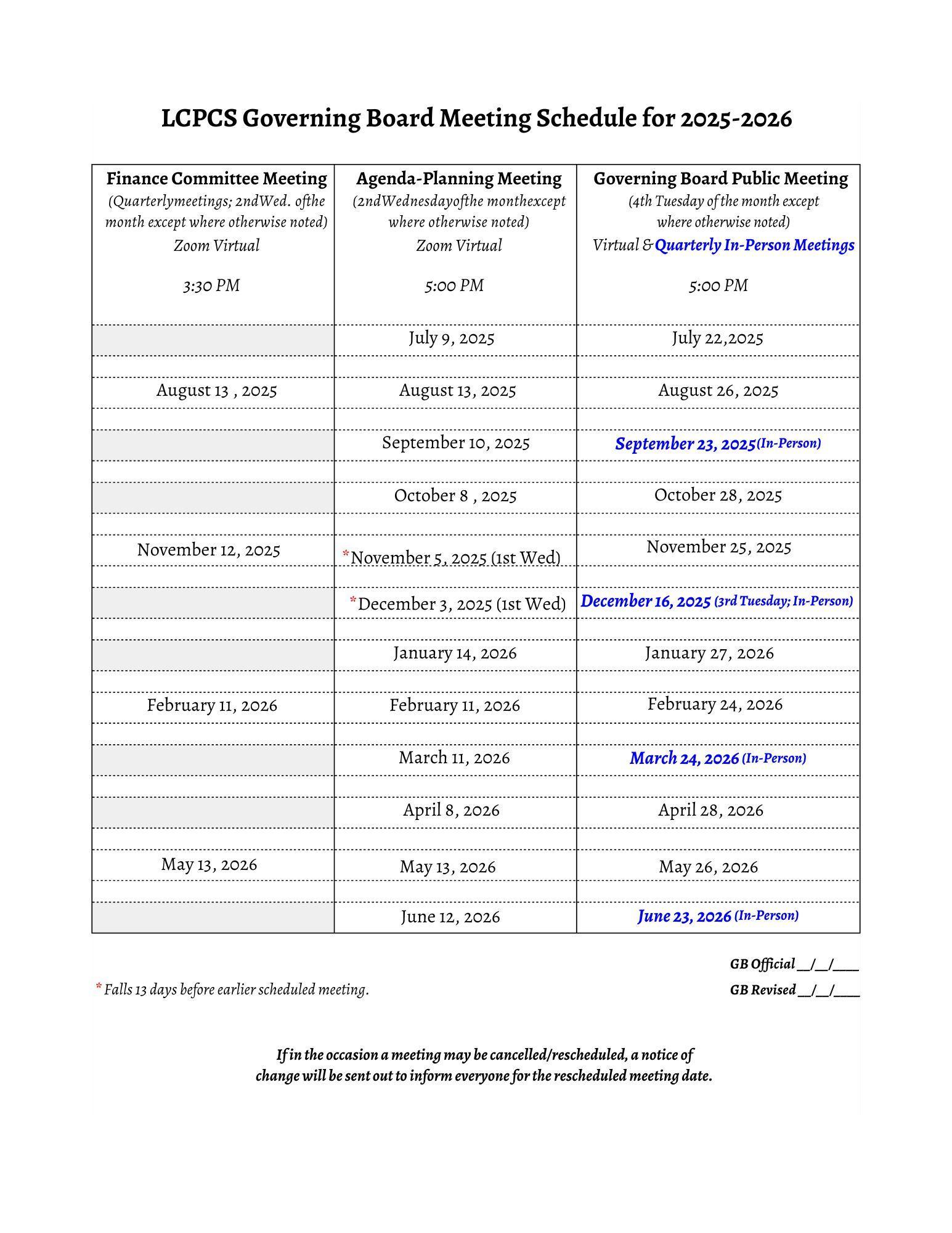 2025-2026 SY Meeting Schedule 