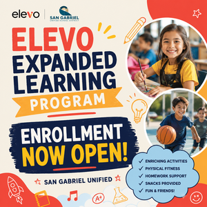 Colorful promotional graphic for expanded learning program with children engaging in activities.
