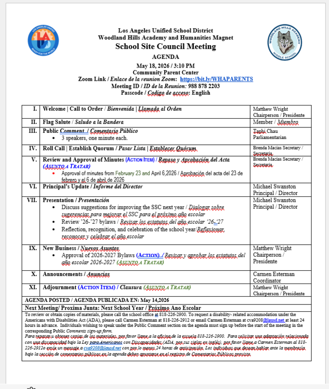 School Site Council (SSC) Meeting on Monday, May 18, 2026 at 3:10 pm in the Parent and Community  Center Featured Photo
