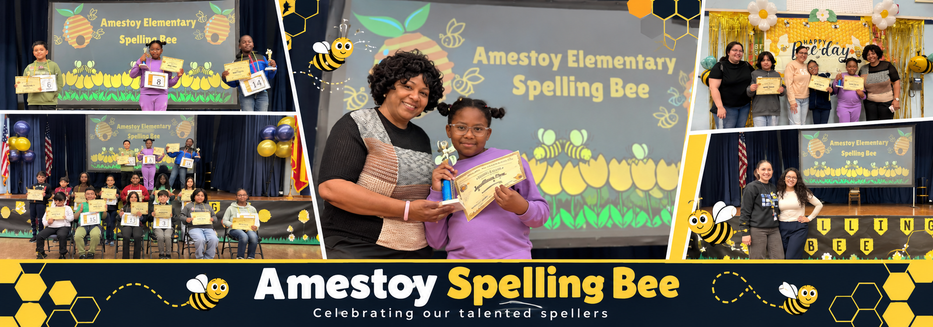 A student receives a certificate at Amestoy&rsquo;s Spelling Bee, with photos of other participants and honorees.
