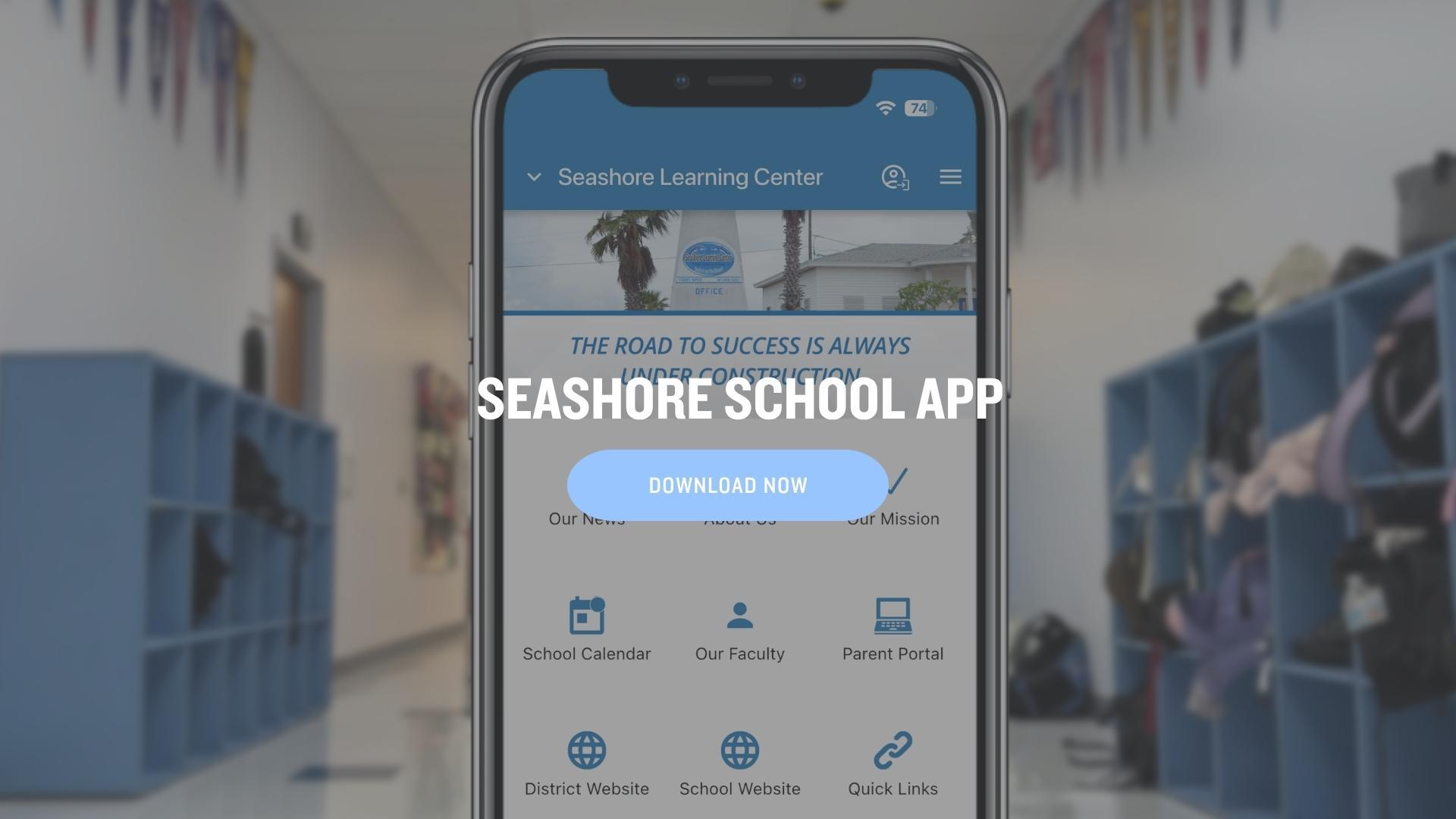 Mobile app display for Seashore Learning Center with download button.