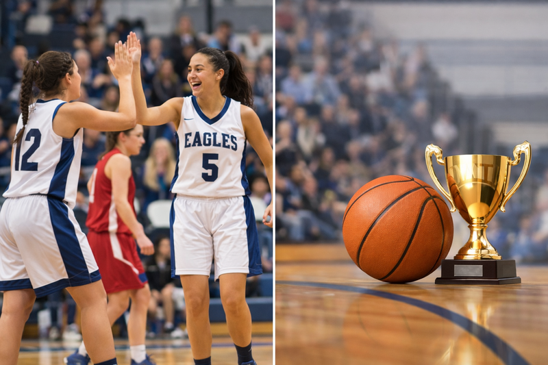 two basketball players high five next to an image of the trophy and a basketball