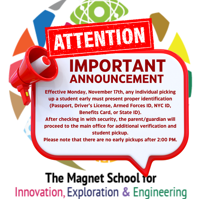 school logo with bullhorn for early student pick up announcement