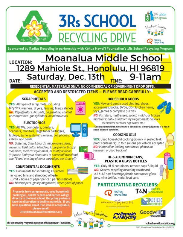 3R's Recycling at Moanalua Middle December 13th! Featured Photo